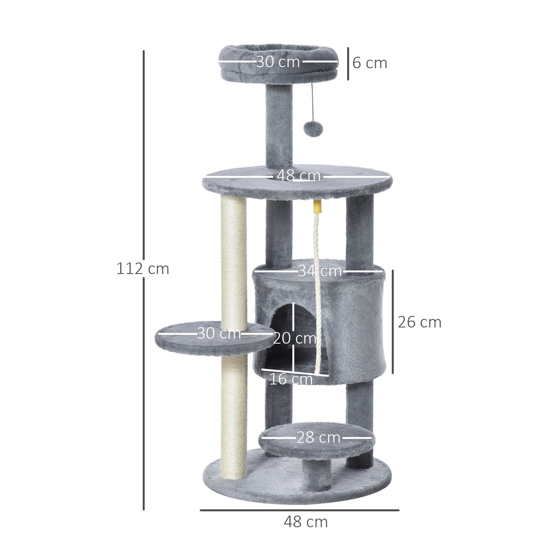 Cat Tree Tower 112cm Climbing Kitten Activity Center with Jute Scratching Post Perch Hanging Ball Toy Teasing Rope Dark grey-2