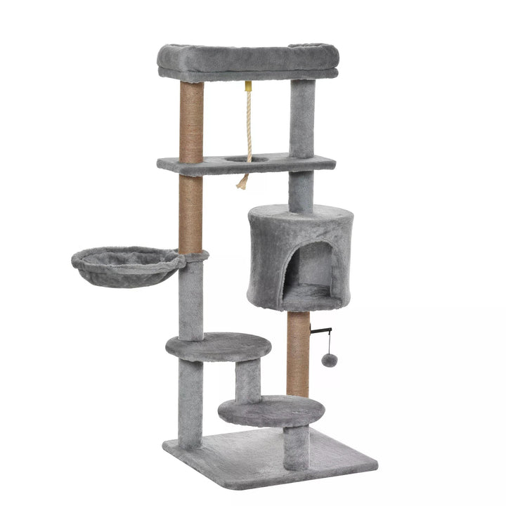 Cat Tree Cat Scratching Post 120cm with Jute Scratching Post Perch Hanging Ball Hammock Teasing Rope Condo Toy Light Grey-0
