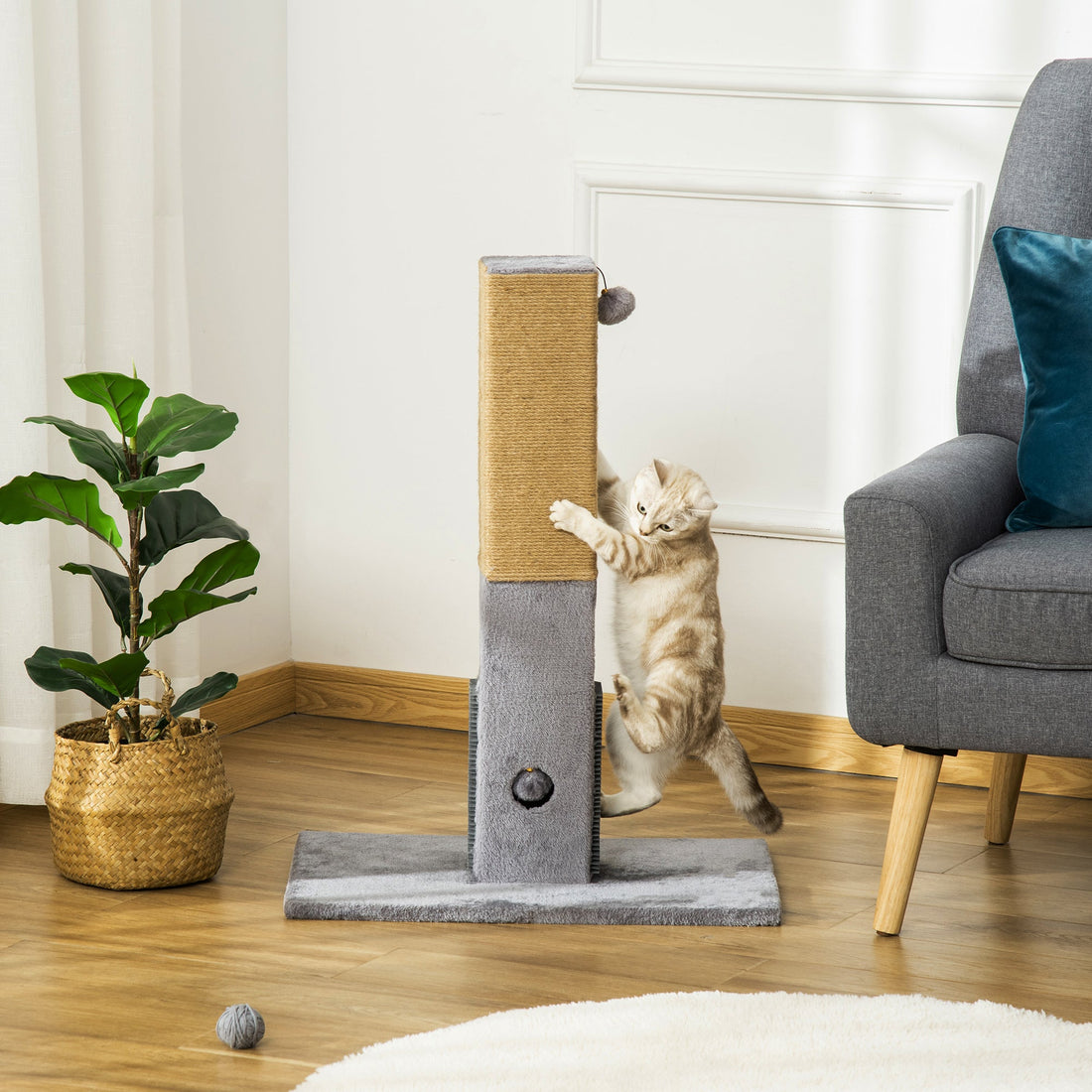 Cat Scratching Post, 79cm Tall Jute Scratcher Climber, Cat Tree Activity Center with Carpet Base, Dangling Ball, Grey-1