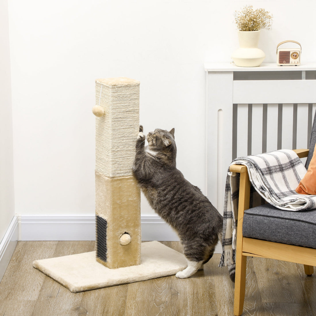 Jute Cat Scratching Post w/ Carpet Base Hanging Toy - Beige-1