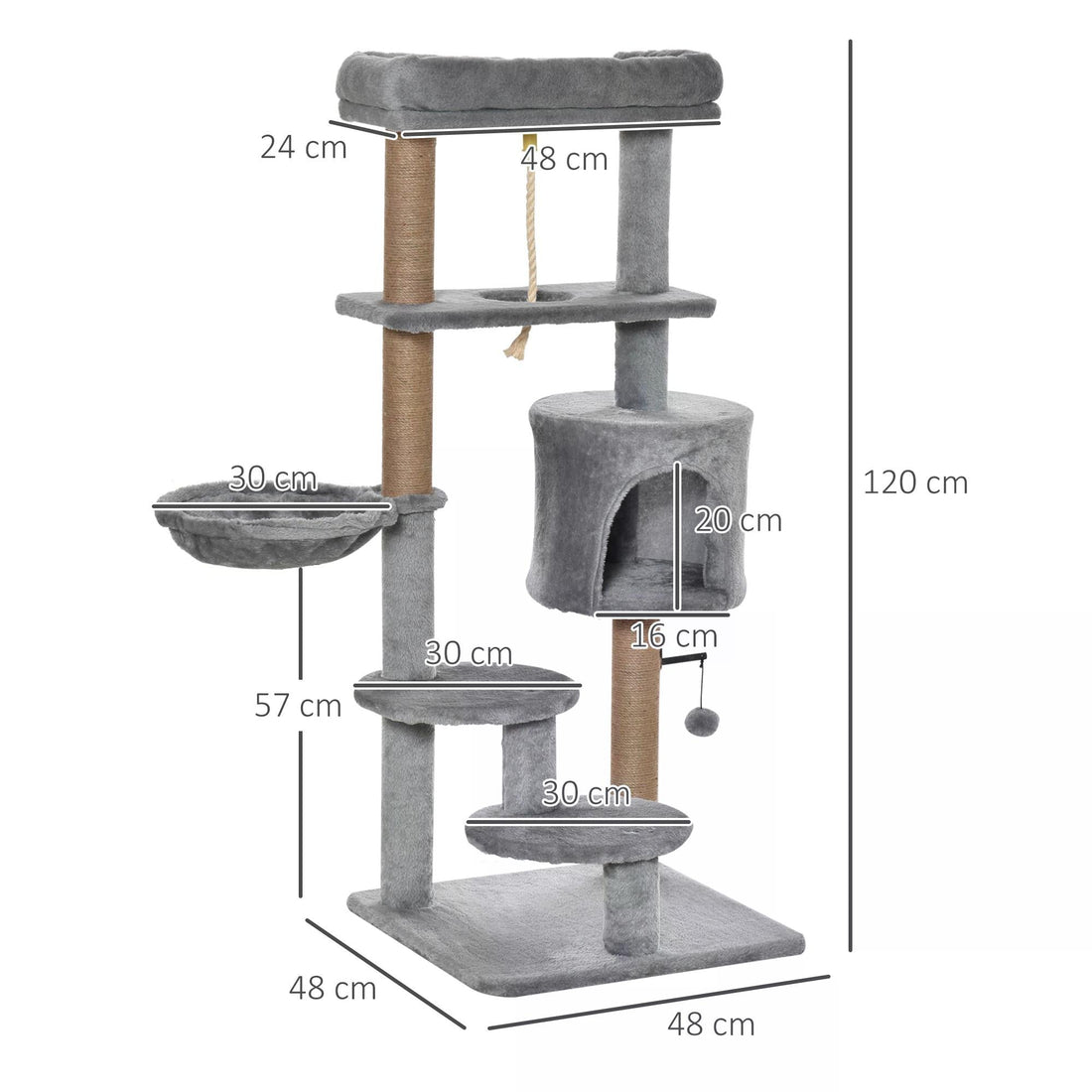 Cat Tree Cat Scratching Post 120cm with Jute Scratching Post Perch Hanging Ball Hammock Teasing Rope Condo Toy Light Grey-2