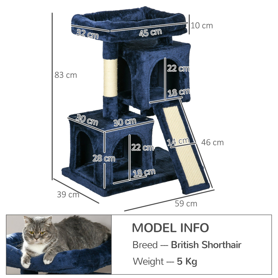 Sisal Cat Rest & Play Activity Tree w/ 2 House Navy Blue-2
