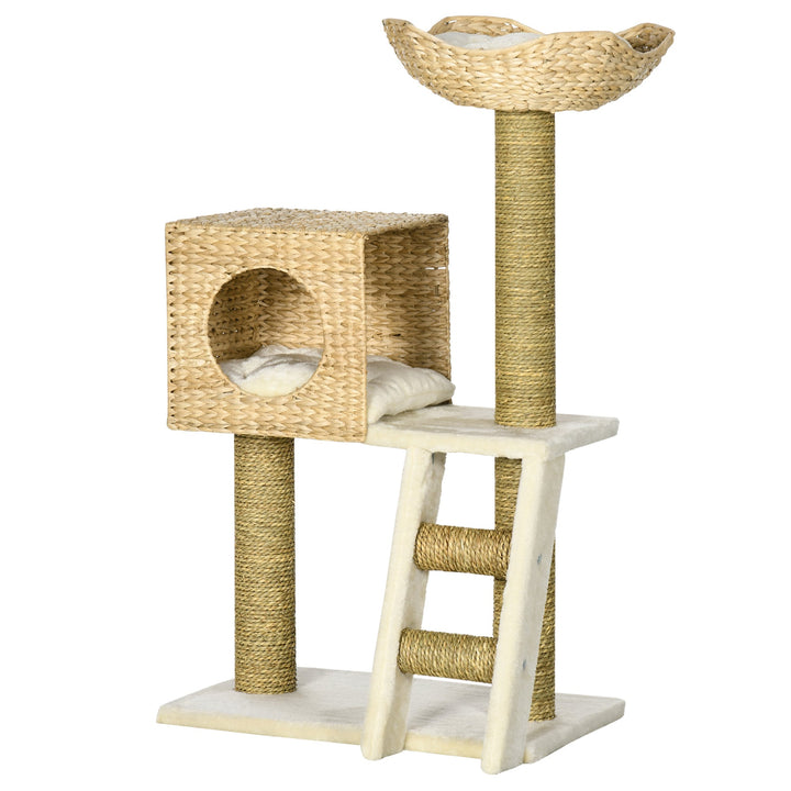Cat Tree for Indoor Cats Kitten Tower Cattail Weave with Scratching Posts, Cat House, Bed, Ladder, Washable Cushions, Natural Finish-0
