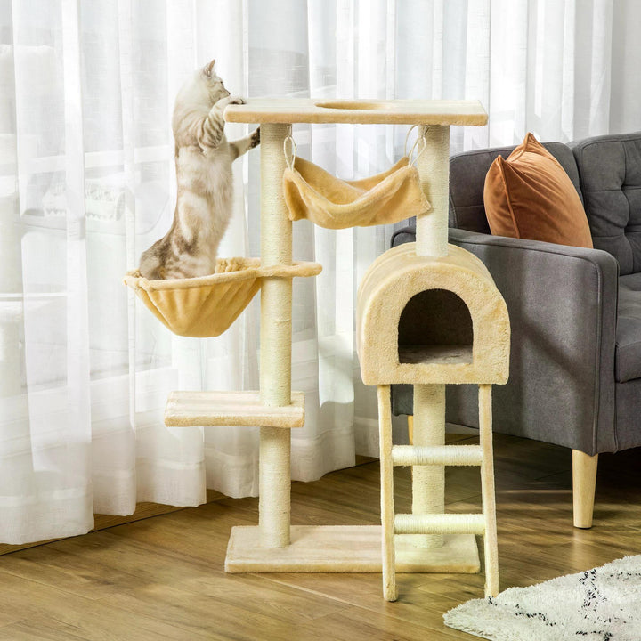 Cat Tree Tower Kitten Activity Centre Scratching Post w/ Hammock Condo Bed Basket Ladder 98 cm, Beige-1