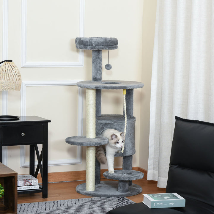 Cat Tree Tower 112cm Climbing Kitten Activity Center with Jute Scratching Post Perch Hanging Ball Toy Teasing Rope Dark grey-1