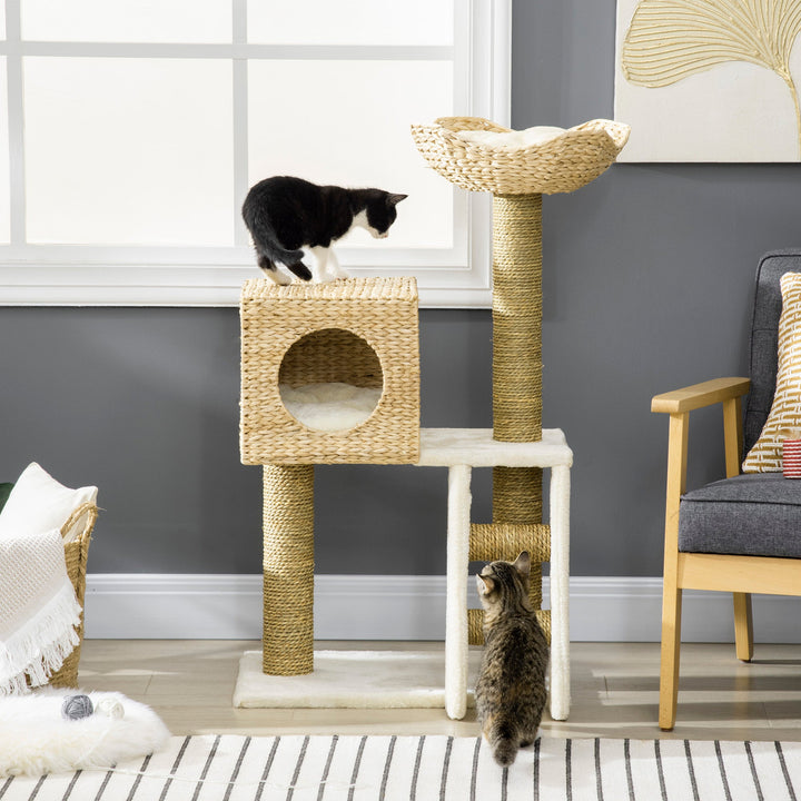 Cat Tree for Indoor Cats Kitten Tower Cattail Weave with Scratching Posts, Cat House, Bed, Ladder, Washable Cushions, Natural Finish-1