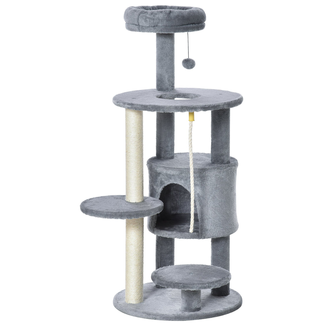 Cat Tree Tower 112cm Climbing Kitten Activity Center with Jute Scratching Post Perch Hanging Ball Toy Teasing Rope Dark grey-0
