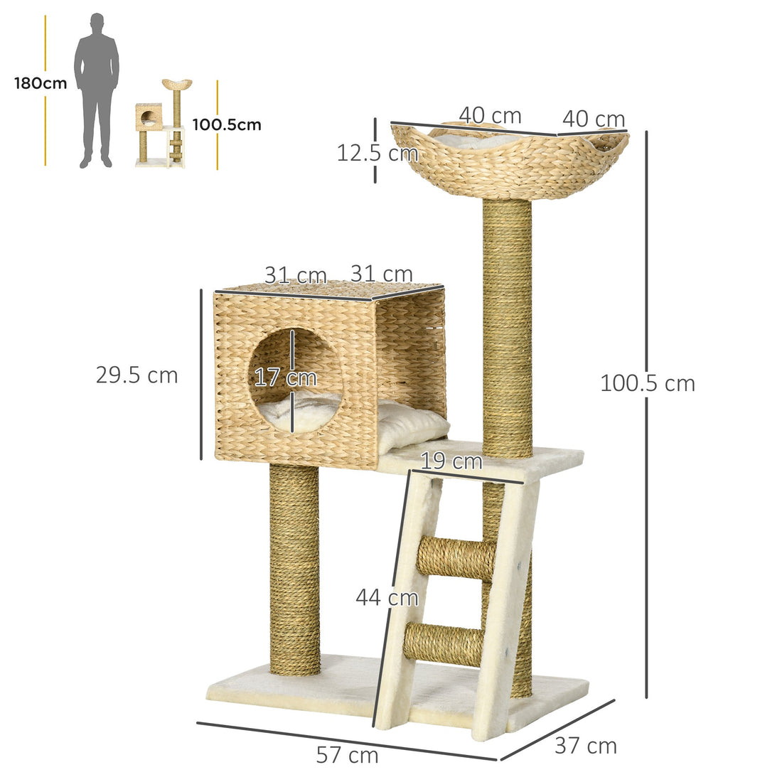 Cat Tree for Indoor Cats Kitten Tower Cattail Weave with Scratching Posts, Cat House, Bed, Ladder, Washable Cushions, Natural Finish-2