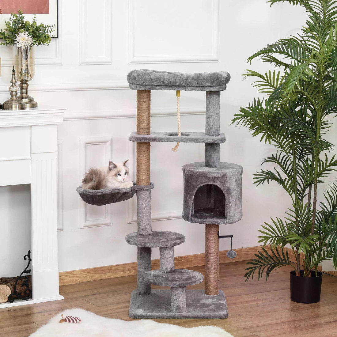 Cat Tree Cat Scratching Post 120cm with Jute Scratching Post Perch Hanging Ball Hammock Teasing Rope Condo Toy Light Grey-1